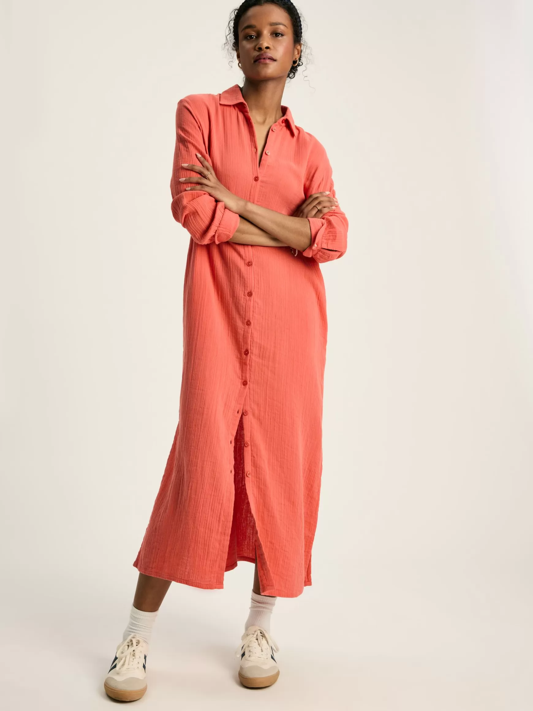 Erica Coral Pink Button Through Cotton Shirt Dress^Joules Clearance