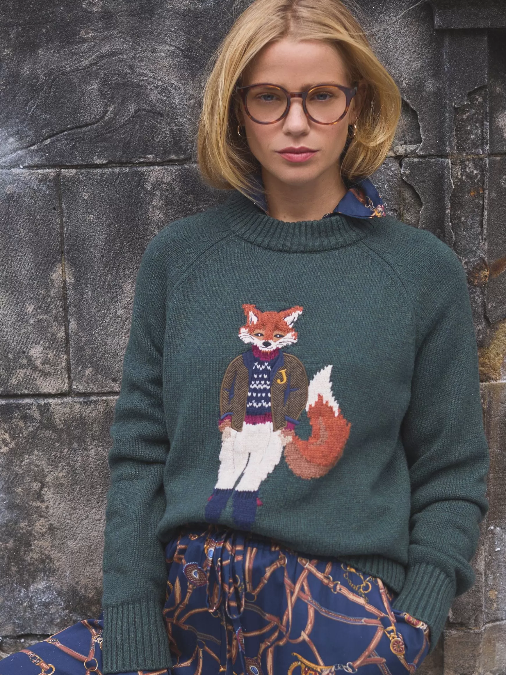 Jonty Dark Green Intarsia Fox Knit Jumper^Joules Cheap