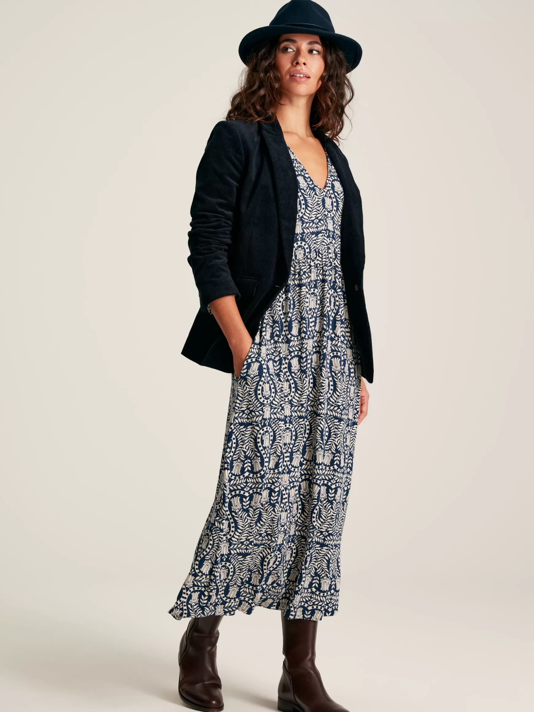 Nia Navy Blue Printed Long Sleeve Midaxi Dress With Pockets^Joules Shop