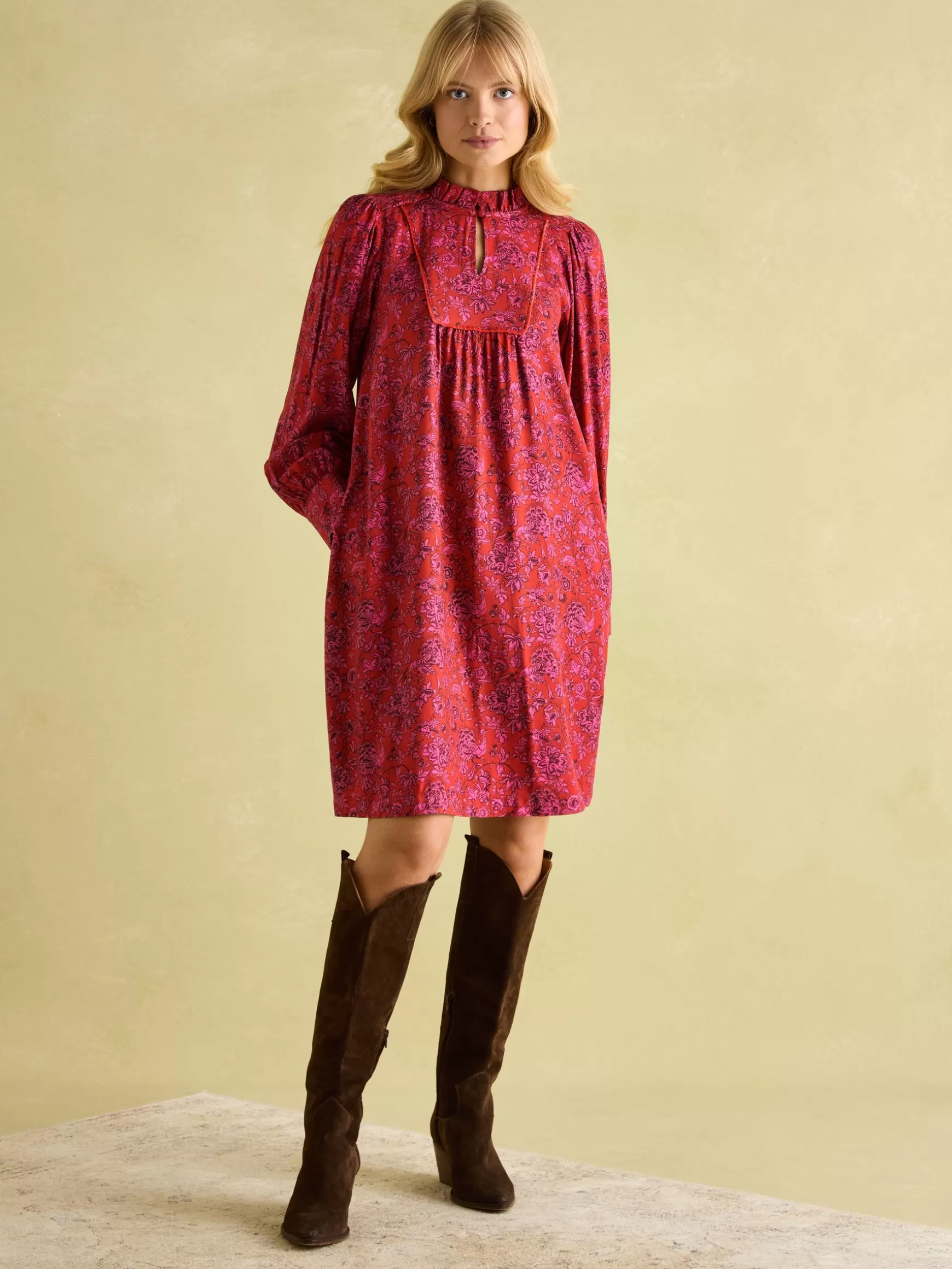 Rosette Red Floral Printed Dress with Pie Crust Neck^Joules Online